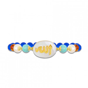 BRACELET IN THE NAME OF AL-JALALAH -ALLA, CRAFTED ON A WHITE SEASHELL WITH PEARL,AMAZONITE,AMBER AND BLUE AGATE