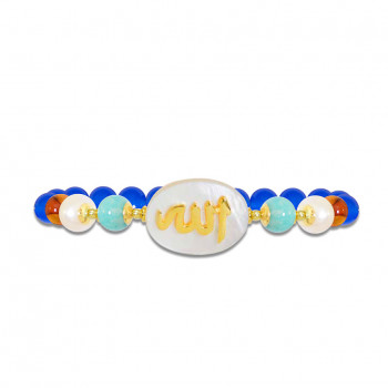 BRACELET IN THE NAME OF AL-JALALAH -ALLA, CRAFTED ON A WHITE SEASHELL WITH PEARL,AMAZONITE,AMBER AND BLUE AGATE