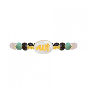 BRACELET IN THE NAME OF AL-JALALAH AL-ALLA, CRAFTED ON A WHITE SEASHELL WITH GARNET TURQUOISE AND PINK QUARTZ