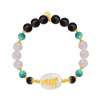 BRACELET IN THE NAME OF AL-JALALAH AL-ALLA, CRAFTED ON A WHITE SEASHELL WITH GARNET TURQUOISE AND PINK QUARTZ