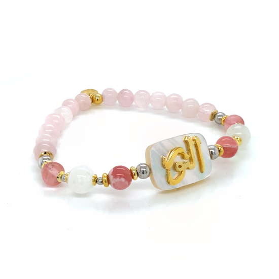 Bracelet in the name of AL-Jalalah ( ALNOOR ) with Rhodochrosite, Moonstone, Strowberry Quarts and pink Quartz Bracelet in the name of AL-Jalalah ( ALNOOR ) with Rhodochrosite, Moonstone, Strowberry Quarts and pink Quartz