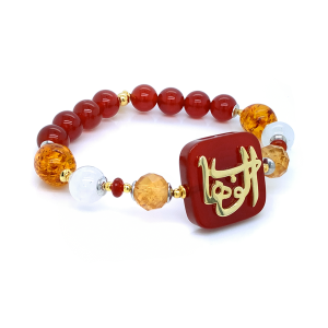 GOLD PLATED BRACELET IN THE NAME OF AL-JALALAH AL-WAHHAB, IN RED AGATE WITH CITRINE , MOON STONE , AMBER 