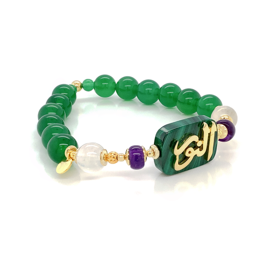 BRACELET IN THE NAME OF AL-JALALAH ( ALNOOR ) ON MALACHITE WITH AMETHYST , MOON STONE AND GREEN JADE BRACELET IN THE NAME OF AL-JALALAH ( ALNOOR ) ON MALACHITE WITH AMETHYST , MOON STONE AND GREEN JADE