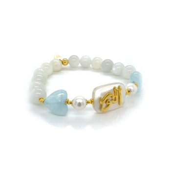 Bracelet in the name of Al-Jalalah alnor, crafted on a white seashell with pearl , aquamarine , and moon stones