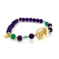 Bracelet in the name of Al-Jalalah alnor, crafted on a white seashell with green jade, amethyst and amazonite stones