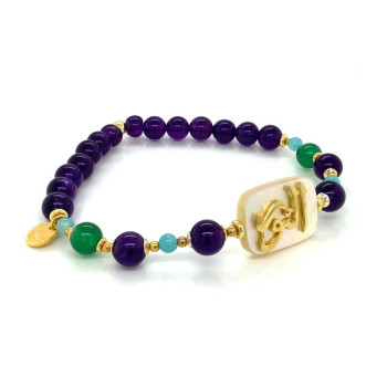 Bracelet in the name of Al-Jalalah alnor, crafted on a white seashell with green jade, amethyst and amazonite stones