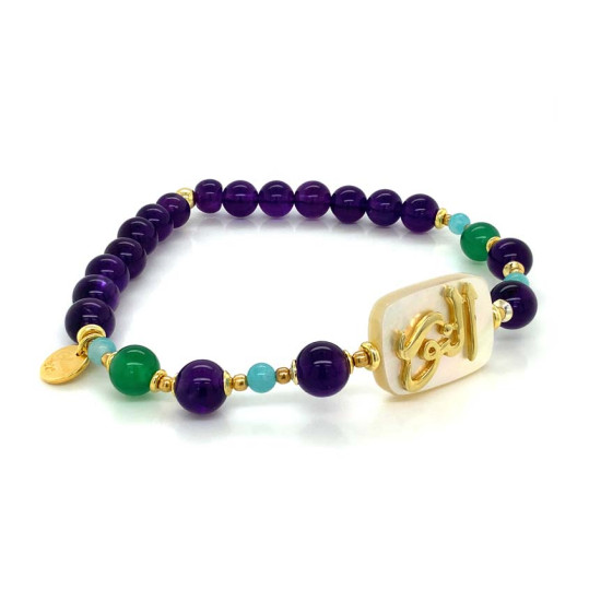 Bracelet in the name of Al-Jalalah alnor, crafted on a white seashell with green jade, amethyst and amazonite stones Bracelet in the name of Al-Jalalah alnor, crafted on a white seashell with green jade, amethyst and amazonite stones