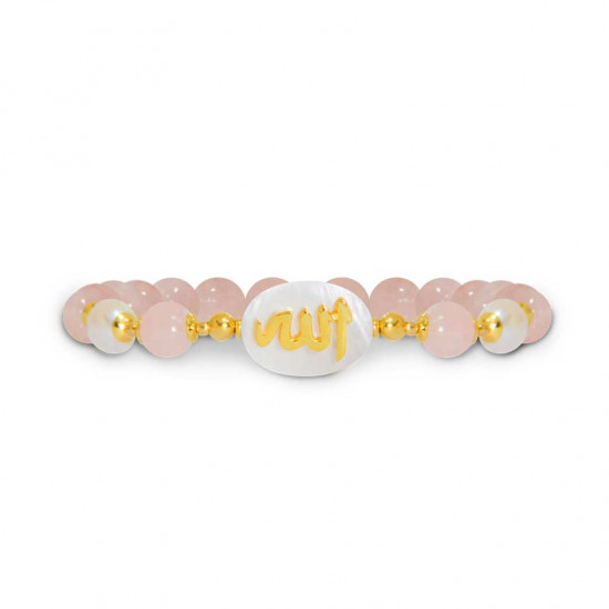 Bracelet in the name of Al-Jalalah Al-ALLA, crafted on a white seashell with Pink Quartz, and Pearl Bracelet in the name of Al-Jalalah Al-ALLA, crafted on a white seashell with Pink Quartz, and Pearl