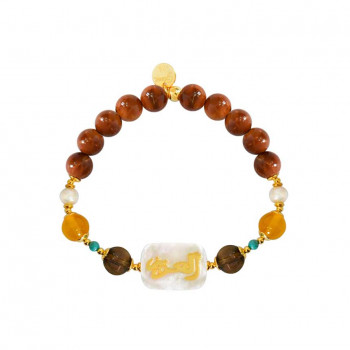 Bracelet in the name of Al-Jalalah Al-Azeez, crafted on a white seashell with  Yellow agate, Smoky topaz, Coke wood and pearl