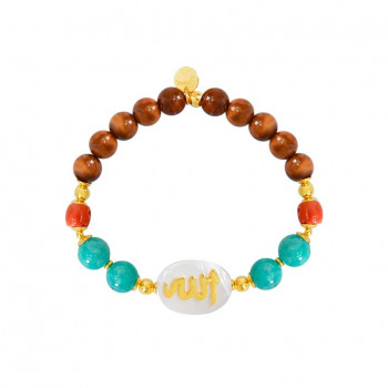 Bracelet in the name of Al-Jalalah allah, crafted on a white seashell with red coral and amazonite stones