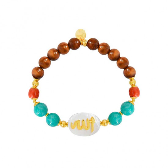 Bracelet in the name of Al-Jalalah allah, crafted on a white seashell with red coral and amazonite stones Bracelet in the name of Al-Jalalah allah, crafted on a white seashell with red coral and amazonite stones