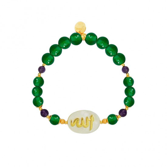 Bracelet in the name of Al-Jalalah Al-ALLA, crafted on a white seashell with green agate and Amethyst Bracelet in the name of Al-Jalalah Al-ALLA, crafted on a white seashell with green agate and Amethyst