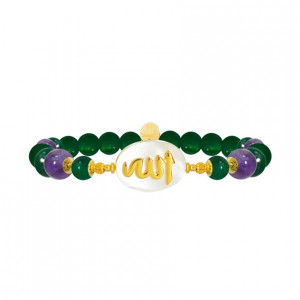 Bracelet in the name of Al-Jalalah Al-ALLA, crafted on a white seashell with green agate and Amethyst