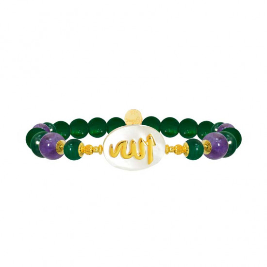 Bracelet in the name of Al-Jalalah Al-ALLA, crafted on a white seashell with green agate and Amethyst Bracelet in the name of Al-Jalalah Al-ALLA, crafted on a white seashell with green agate and Amethyst