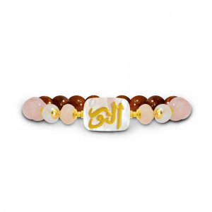 Bracelet in the name of Al-Jalalah Al-Alwahhab, crafted on a white seashell with pink quartz, pearl, and coke