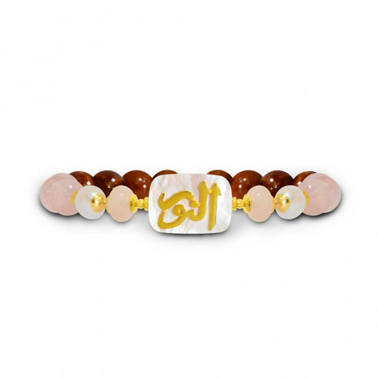 Bracelet in the name of Al-Jalalah Al-Alwahhab, crafted on a white seashell with pink quartz, pearl, and coke Bracelet in the name of Al-Jalalah Al-Alwahhab, crafted on a white seashell with pink quartz, pearl, and coke