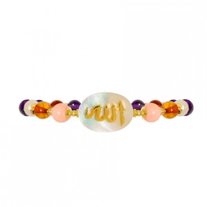 BRACELET IN THE NAME OF AL-JALALAH -ALLA, CRAFTED ON A WHITE SEASHELL WITH PINK CORAL , AMBER , AMETHYST 