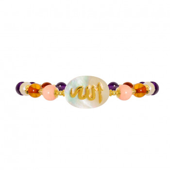BRACELET IN THE NAME OF AL-JALALAH -ALLA, CRAFTED ON A WHITE SEASHELL WITH PINK CORAL , AMBER , AMETHYST 