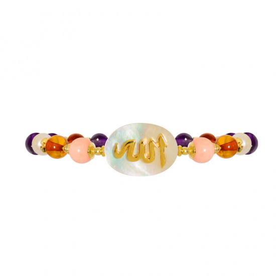 BRACELET IN THE NAME OF AL-JALALAH -ALLA, CRAFTED ON A WHITE SEASHELL WITH PINK CORAL , AMBER , AMETHYST BRACELET IN THE NAME OF AL-JALALAH -ALLA, CRAFTED ON A WHITE SEASHELL WITH PINK CORAL , AMBER , AMETHYST
