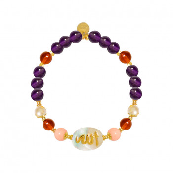 BRACELET IN THE NAME OF AL-JALALAH -ALLA, CRAFTED ON A WHITE SEASHELL WITH PINK CORAL , AMBER , AMETHYST 