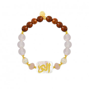 Bracelet in the name of Al-Jalalah Al-Alwahhab, crafted on a white seashell with pink quartz, pearl, and coke