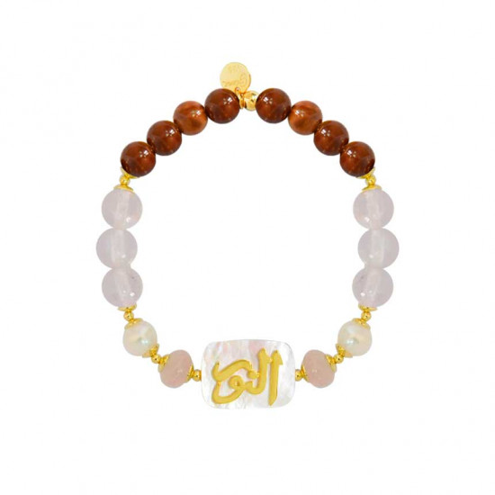Bracelet in the name of Al-Jalalah Al-Alwahhab, crafted on a white seashell with pink quartz, pearl, and coke Bracelet in the name of Al-Jalalah Al-Alwahhab, crafted on a white seashell with pink quartz, pearl, and coke