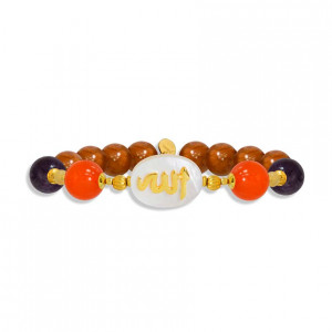 Bracelet in the name of Al-Jalalah Allah, crafted on a white seashell with orange agate, seashell, amathyst and coke stones