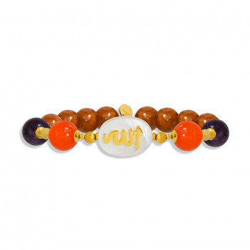 Bracelet in the name of Al-Jalalah Allah, crafted on a white seashell with orange agate, seashell, amathyst and coke stones