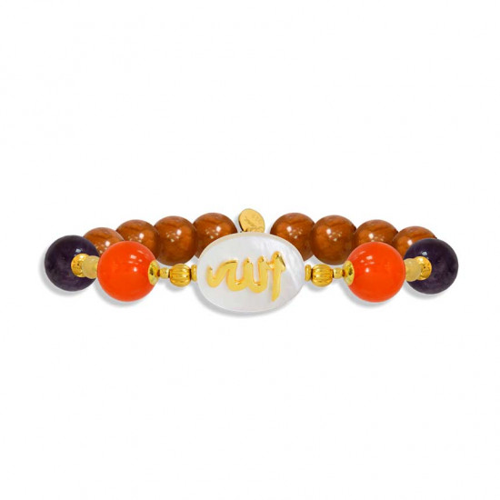 Bracelet in the name of Al-Jalalah Allah, crafted on a white seashell with orange agate, seashell, amathyst and coke stones Bracelet in the name of Al-Jalalah Allah, crafted on a white seashell with orange agate, seashell, amathyst and coke stones