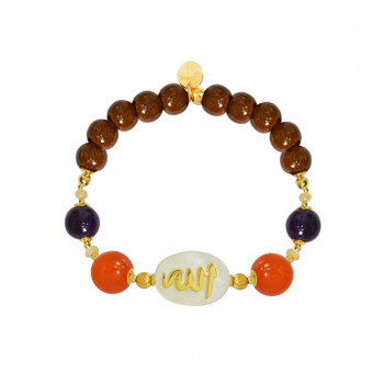 Bracelet in the name of Al-Jalalah Allah, crafted on a white seashell with orange agate, seashell, amathyst and coke stones