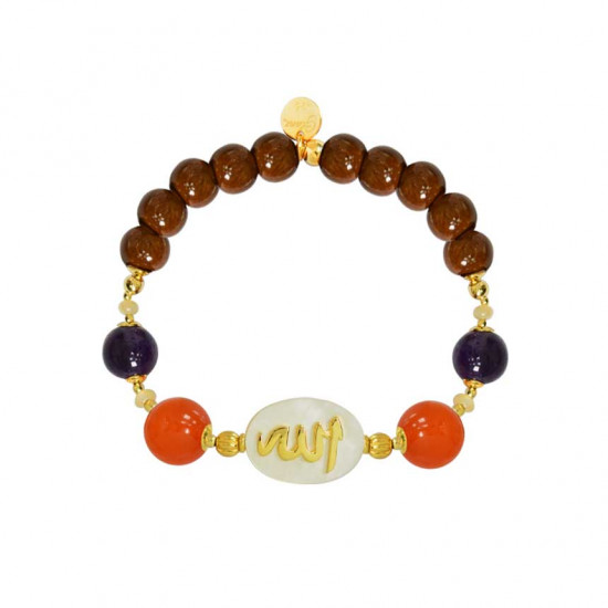 Bracelet in the name of Al-Jalalah Allah, crafted on a white seashell with orange agate, seashell, amathyst and coke stones Bracelet in the name of Al-Jalalah Allah, crafted on a white seashell with orange agate, seashell, amathyst and coke stones