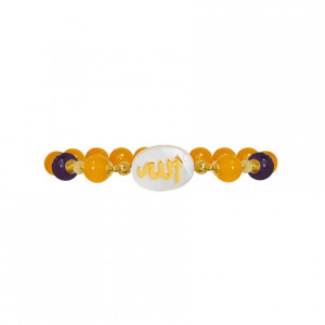 Bracelet in the name of Al-Jalalah Allah, crafted on a white seashell with yellow agate, seashell, Amathyst and coke stones