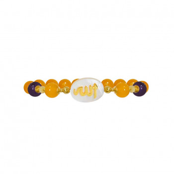 Bracelet in the name of Al-Jalalah Allah, crafted on a white seashell with yellow agate, seashell, Amathyst and coke stones