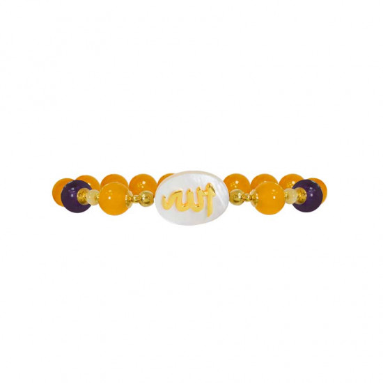 Bracelet in the name of Al-Jalalah Allah, crafted on a white seashell with yellow agate, seashell, Amathyst and coke stones Bracelet in the name of Al-Jalalah Allah, crafted on a white seashell with yellow agate, seashell, Amathyst and coke stones