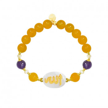 Bracelet in the name of Al-Jalalah Allah, crafted on a white seashell with yellow agate, seashell, Amathyst and coke stones