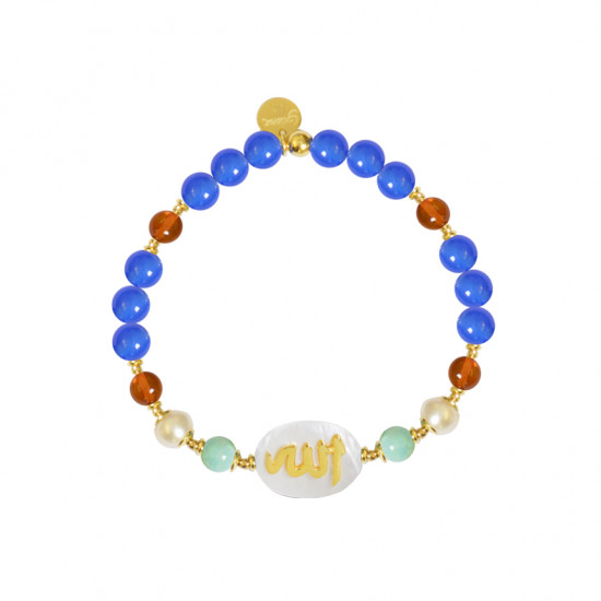 BRACELET IN THE NAME OF AL-JALALAH -ALLA, CRAFTED ON A WHITE SEASHELL WITH PEARL,AMAZONITE,AMBER AND BLUE AGATE BRACELET IN THE NAME OF AL-JALALAH -ALLA, CRAFTED ON A WHITE SEASHELL WITH PEARL,AMAZONITE,AMBER AND BLUE AGATE