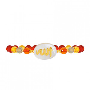 BRACELET IN THE NAME OF AL-JALALAH AL-ALLA, CRAFTED ON A WHITE SEASHELL WITH red AGATE , amber and labradorite