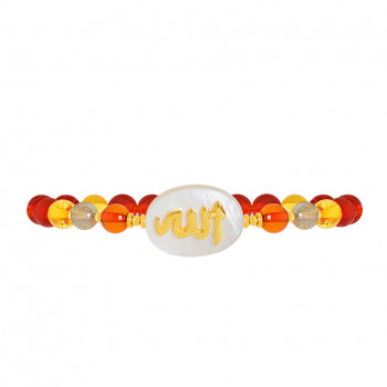 BRACELET IN THE NAME OF AL-JALALAH AL-ALLA, CRAFTED ON A WHITE SEASHELL WITH red AGATE , amber and labradorite
