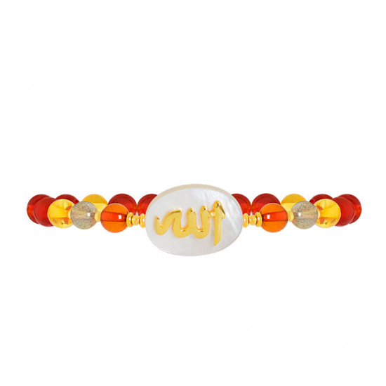 BRACELET IN THE NAME OF AL-JALALAH AL-ALLA, CRAFTED ON A WHITE SEASHELL WITH red AGATE , amber and labradorite BRACELET IN THE NAME OF AL-JALALAH AL-ALLA, CRAFTED ON A WHITE SEASHELL WITH red AGATE , amber and labradorite