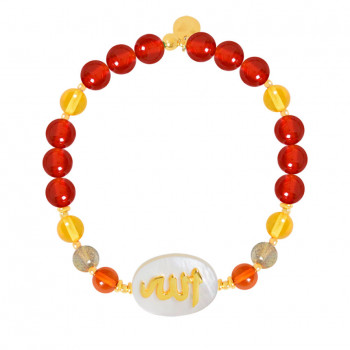 BRACELET IN THE NAME OF AL-JALALAH AL-ALLA, CRAFTED ON A WHITE SEASHELL WITH red AGATE , amber and labradorite