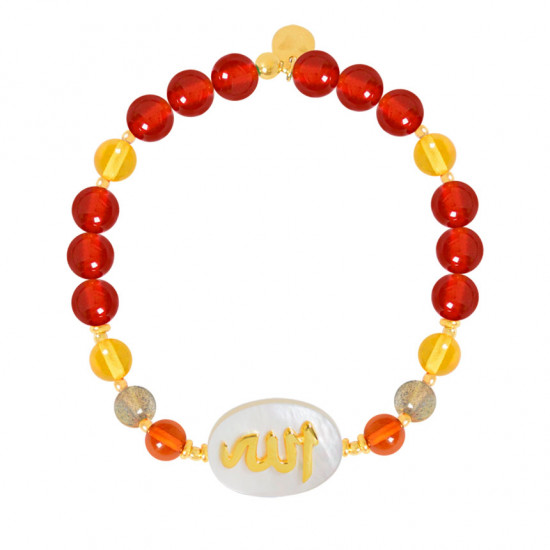 BRACELET IN THE NAME OF AL-JALALAH AL-ALLA, CRAFTED ON A WHITE SEASHELL WITH red AGATE , amber and labradorite BRACELET IN THE NAME OF AL-JALALAH AL-ALLA, CRAFTED ON A WHITE SEASHELL WITH red AGATE , amber and labradorite