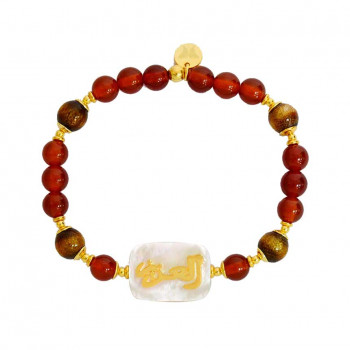 Bracelet in the name of Al-Jalalah Al-Azeez, crafted on a white seashell with Red agate stone, and Tiger Eye stone