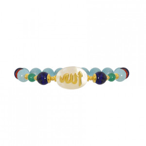 BRACELET IN THE NAME OF AL-JALALAH -ALLA, CRAFTED ON A WHITE SEASHELL WITH Lapis, Green JADE, Aquamarine, Coral, Lapis, Aquamarine