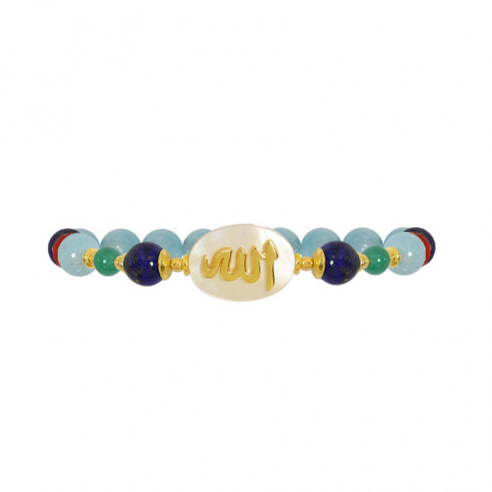 BRACELET IN THE NAME OF AL-JALALAH -ALLA, CRAFTED ON A WHITE SEASHELL WITH Lapis, Green JADE, Aquamarine, Coral, Lapis, Aquamarine BRACELET IN THE NAME OF AL-JALALAH -ALLA, CRAFTED ON A WHITE SEASHELL WITH Lapis, Green JADE, Aquamarine, Coral, Lapis, Aquamarine