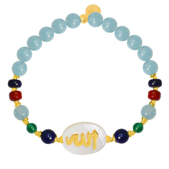 BRACELET IN THE NAME OF AL-JALALAH -ALLA, CRAFTED ON A WHITE SEASHELL WITH Lapis, Green JADE, Aquamarine, Coral, Lapis, Aquamarine BRACELET IN THE NAME OF AL-JALALAH -ALLA, CRAFTED ON A WHITE SEASHELL WITH Lapis, Green JADE, Aquamarine, Coral, Lapis, Aquamarine