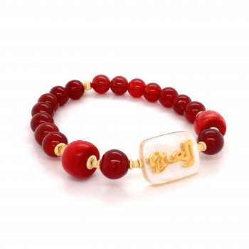 Bracelet in the name of Al-Jalalah -AL-aziz, crafted on a white seashell with red agate and Coral stones
