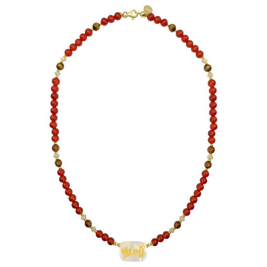 necklace in the name of God, Majesty (Al-Aziz) with red agate, seashells and golden coral