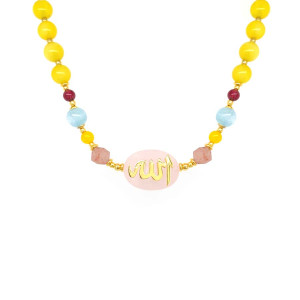 A pink quartz stone necklace crafted with the name of His Majesty (Allah) on it, with aquamarine , cherry quartz, pink quartz ، garnit ,yellow agate 