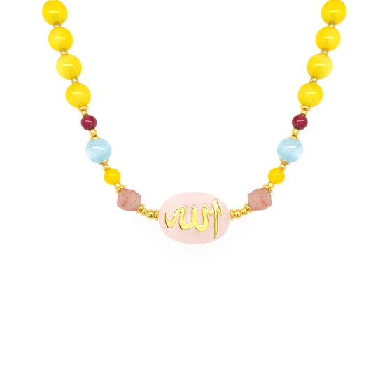 A pink quartz stone necklace crafted with the name of His Majesty (Allah) on it, with aquamarine , cherry quartz, pink quartz ، garnit ,yellow agate A pink quartz stone necklace crafted with the name of His Majesty (Allah) on it, with aquamarine , cherry quartz, pink quartz ، garnit ,yellow agate