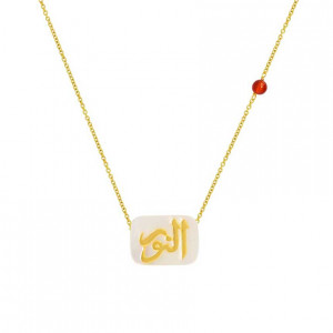 A silver chain in the name of Al-Jalalah Al-Noor, crafted on a white seashell with  a Red Agate